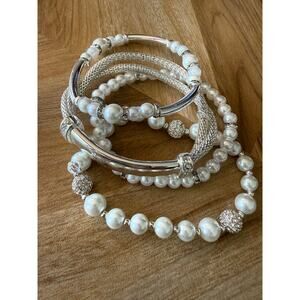 “You're Invited…” Silver Tone 4-Piece Crystal & Simulated Pearl Bracelet Set